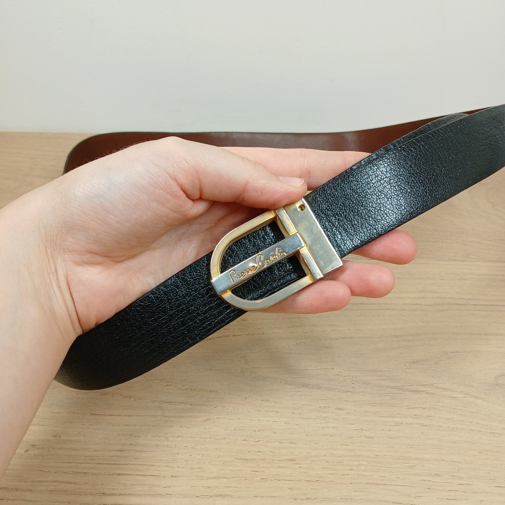 Pierre Cardin Belt Mens 44 Black Leather Reversible Gold Silver Tone Buckle